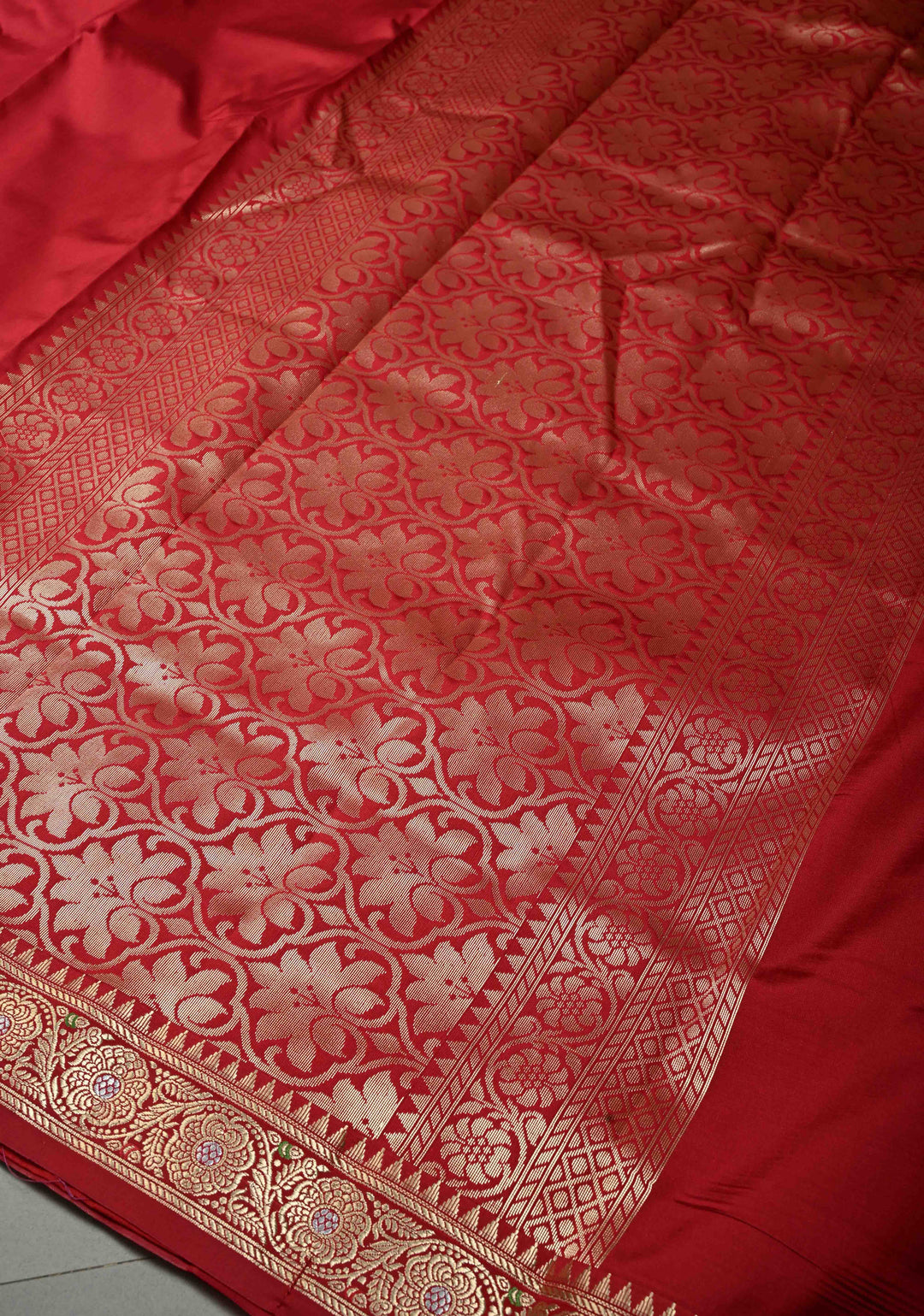 Deep Red Semi Silk Saree with Meenakari Floral Zari Border | SHOBITAM