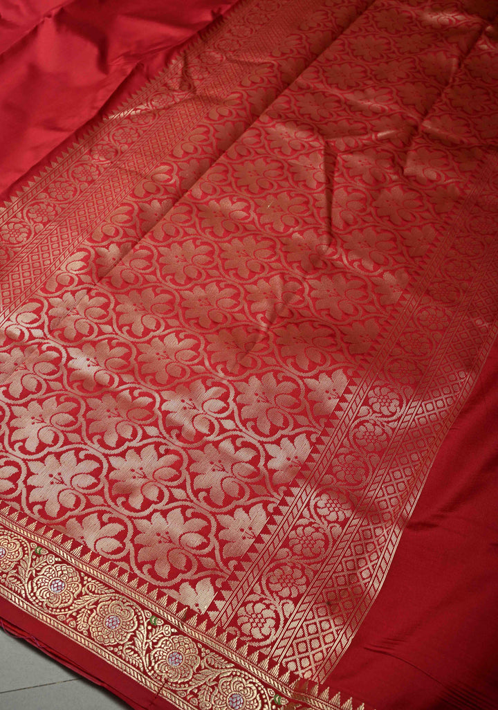 Deep Red Semi Silk Saree with Meenakari Floral Zari Border | SHOBITAM