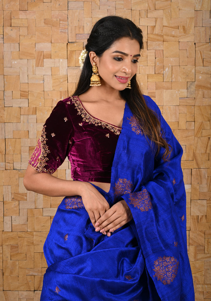 Wine Color Velvet Blouse with Handwork Detailing on Net on Sleeves and Back, Customizable, Made to Order