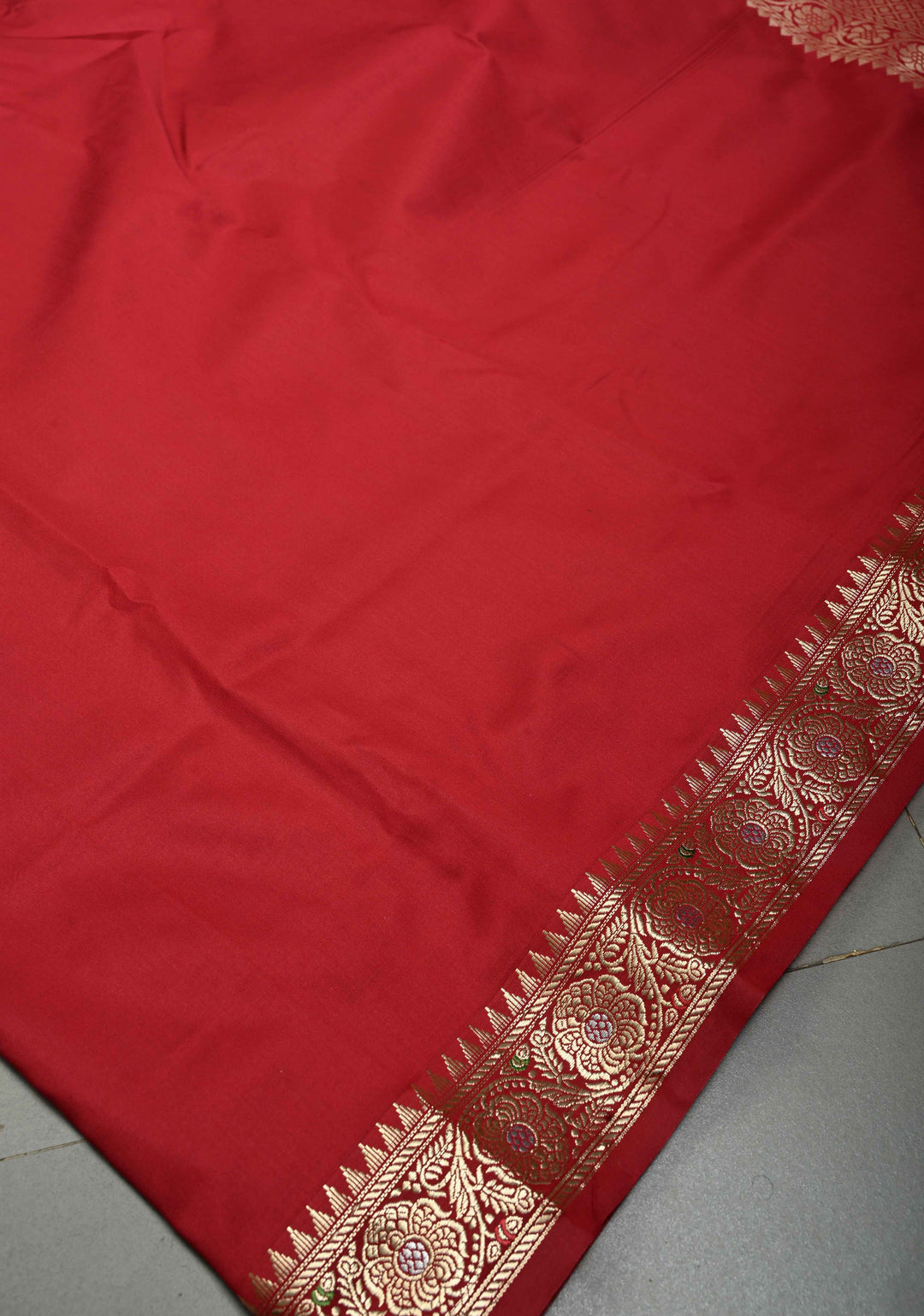 Deep Red Semi Silk Saree with Meenakari Floral Zari Border | SHOBITAM