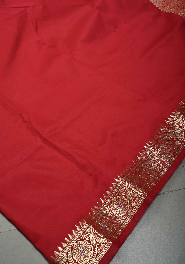 Deep Red Semi Silk Saree with Meenakari Floral Zari Border | SHOBITAM