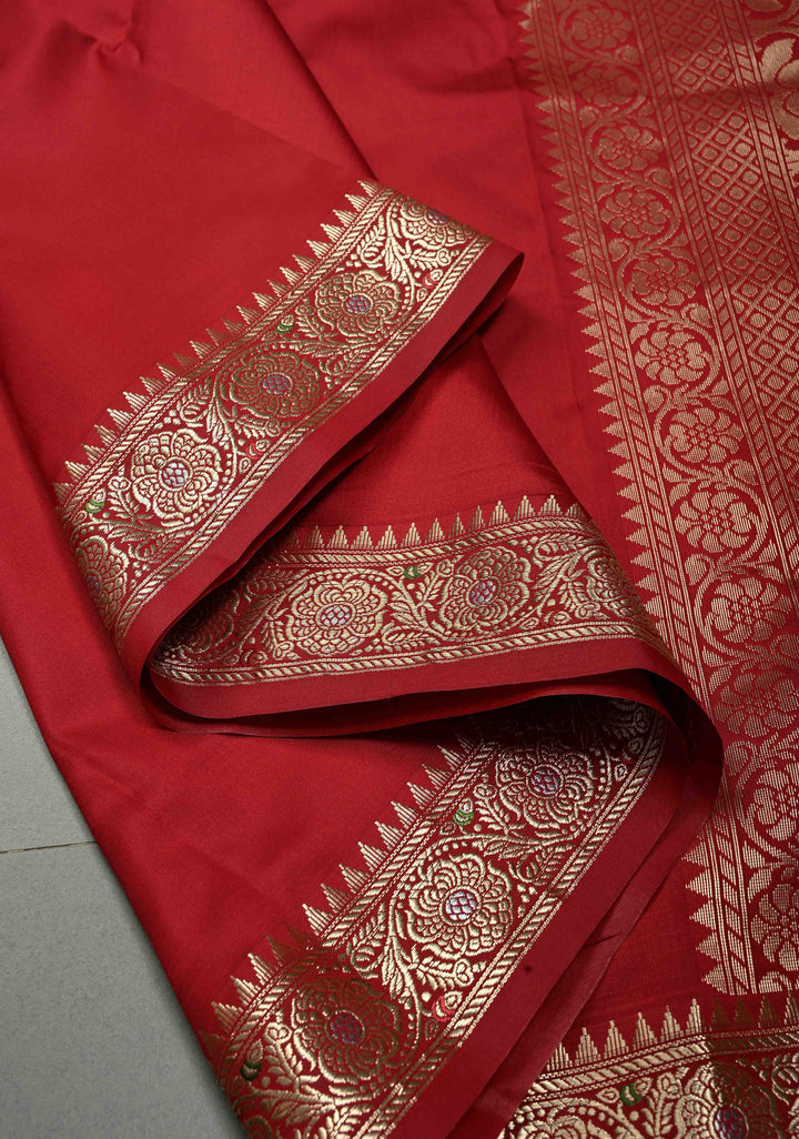 Deep Red Semi Silk Saree with Meenakari Floral Zari Border | SHOBITAM
