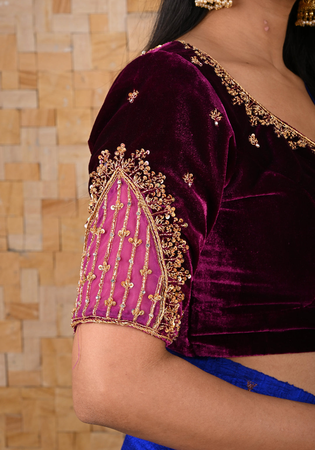 Wine Color Velvet Blouse with Handwork Detailing on Net on Sleeves and Back, Customizable, Made to Order