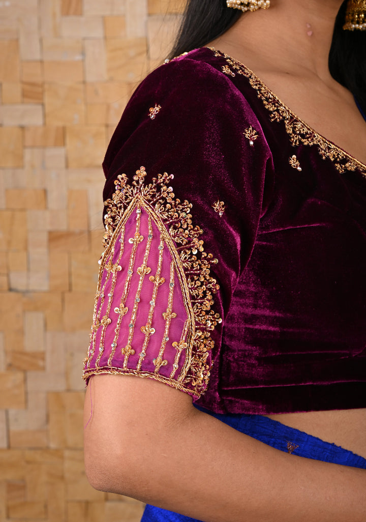 Wine Color Velvet Blouse with Handwork Detailing on Net on Sleeves and Back, Customizable, Made to Order