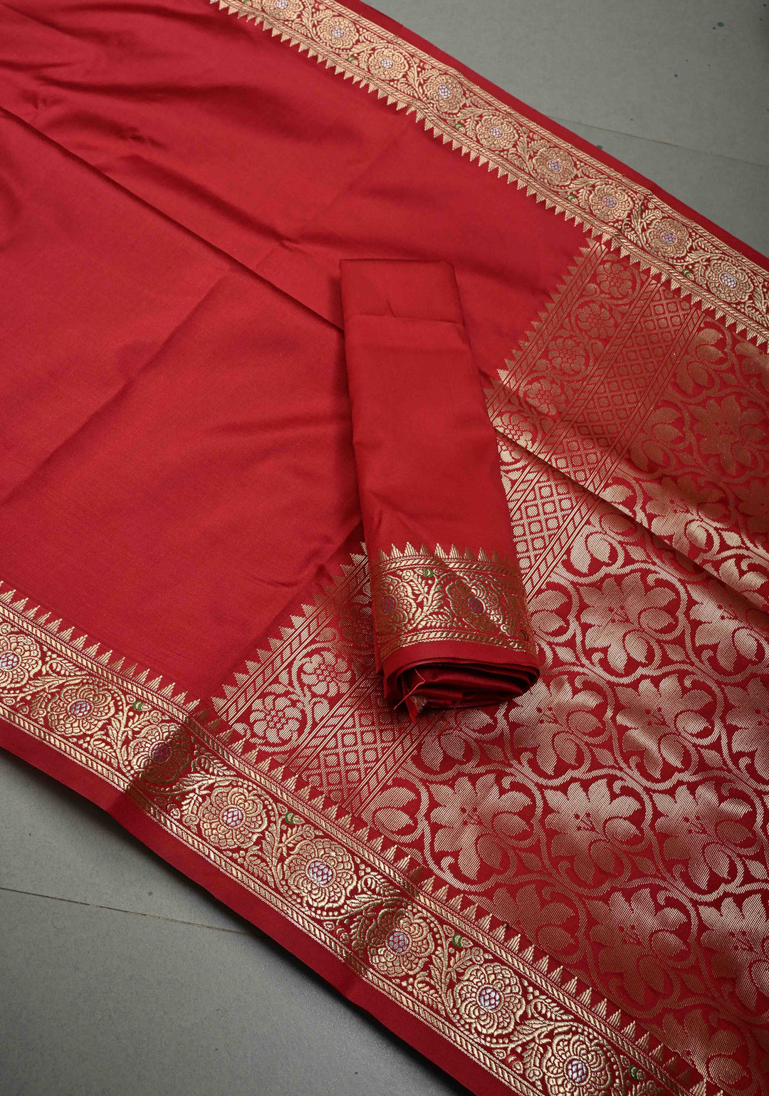Deep Red Semi Silk Saree with Meenakari Floral Zari Border | SHOBITAM