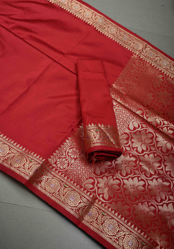 Deep Red Semi Silk Saree with Meenakari Floral Zari Border | SHOBITAM