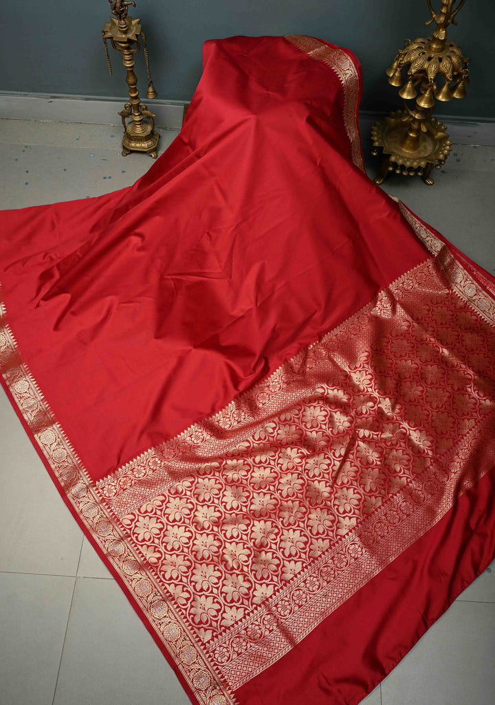 Deep Red Semi Silk Saree with Meenakari Floral Zari Border | SHOBITAM