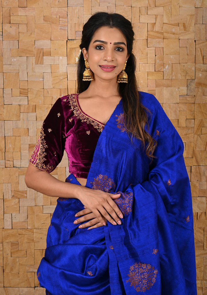 Wine Color Velvet Blouse with Handwork Detailing on Net on Sleeves and Back, Customizable, Made to Order