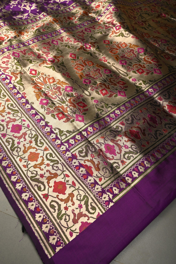 Royal Purple Pure Banarasi Katan Silk Saree with Zari Brocade and Paithani Style Meenakari Zari Border | SILK MARK CERTIFIED | SHOBITAM