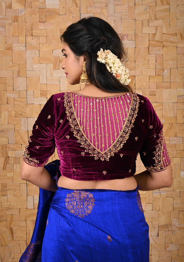 Wine Color Velvet Blouse with Handwork Detailing on Net on Sleeves and Back, Customizable, Made to Order