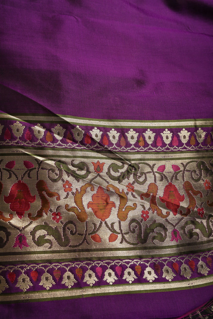Royal Purple Pure Banarasi Katan Silk Saree with Zari Brocade and Paithani Style Meenakari Zari Border | SILK MARK CERTIFIED | SHOBITAM