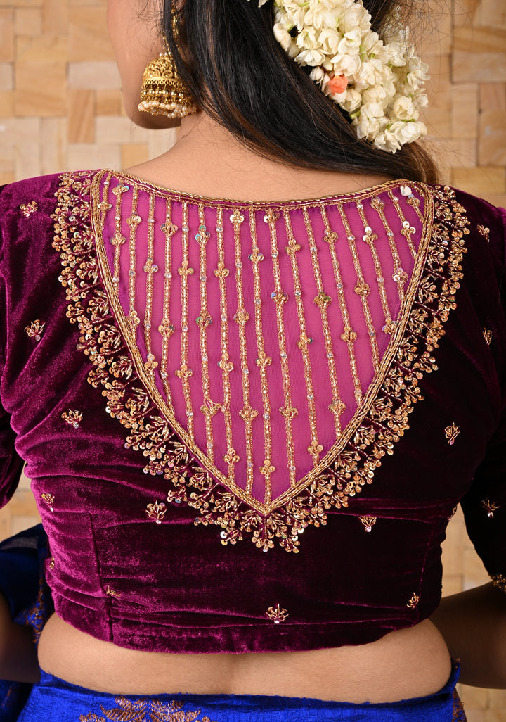 Wine Color Velvet Blouse with Handwork Detailing on Net on Sleeves and Back, Customizable, Made to Order