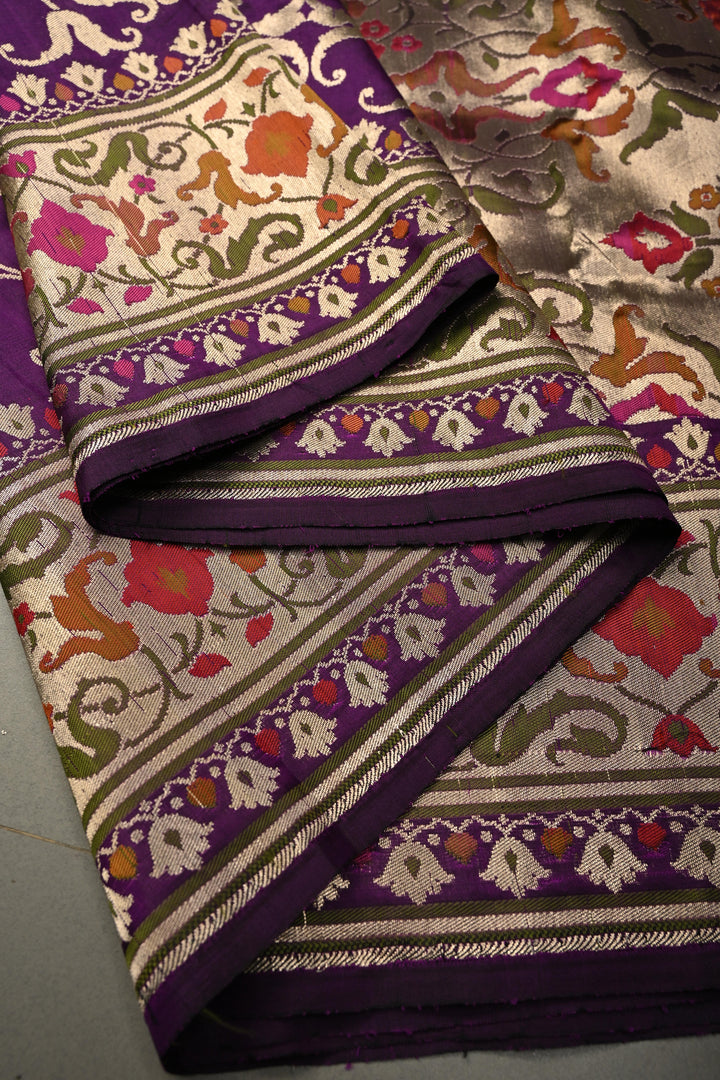 Royal Purple Pure Banarasi Katan Silk Saree with Zari Brocade and Paithani Style Meenakari Zari Border | SILK MARK CERTIFIED | SHOBITAM