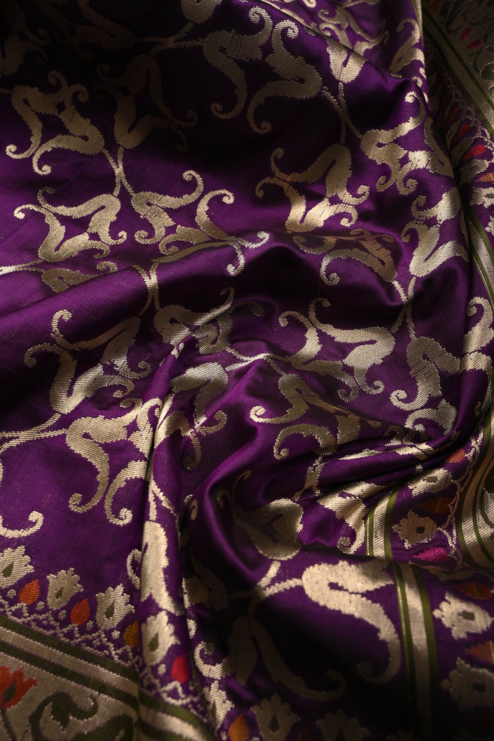 Royal Purple Pure Banarasi Katan Silk Saree with Zari Brocade and Paithani Style Meenakari Zari Border | SILK MARK CERTIFIED | SHOBITAM