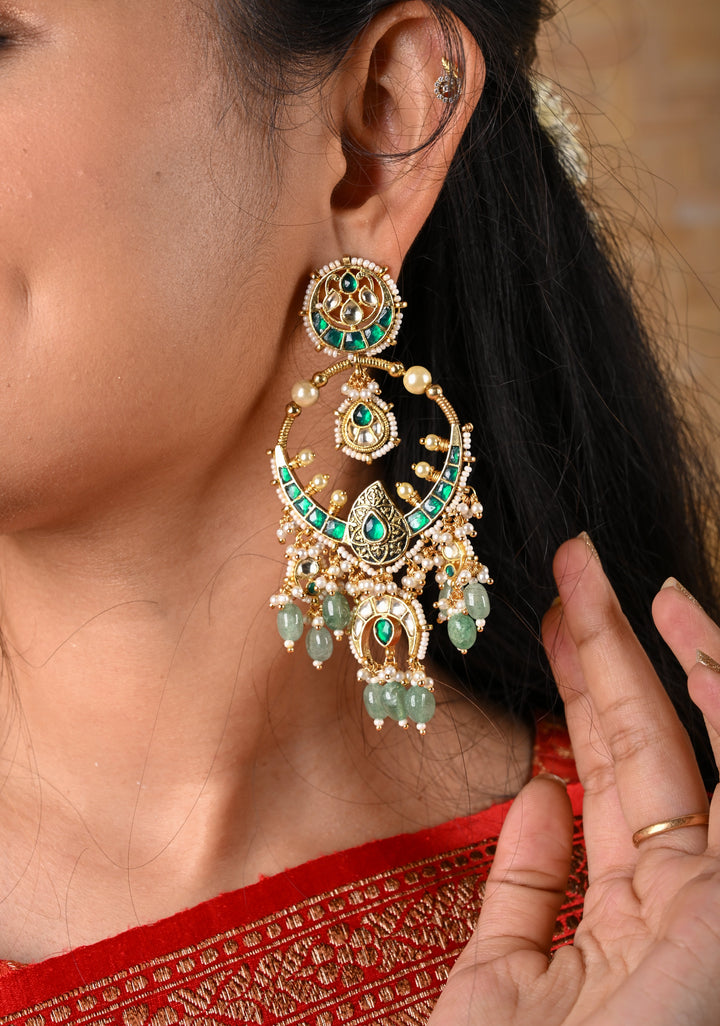 Grandiose 4" Chandbalis with Ahmedabadi Kundan Jadau Detailing with Green Stones