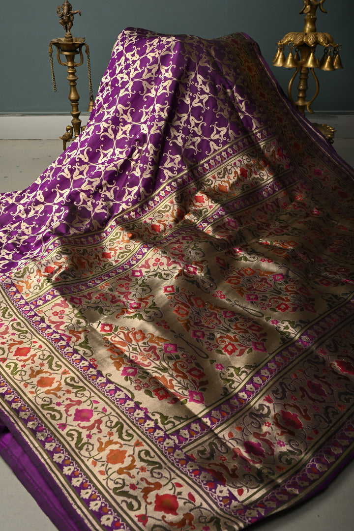 Royal Purple Pure Banarasi Katan Silk Saree with Zari Brocade and Paithani Style Meenakari Zari Border | SILK MARK CERTIFIED | SHOBITAM