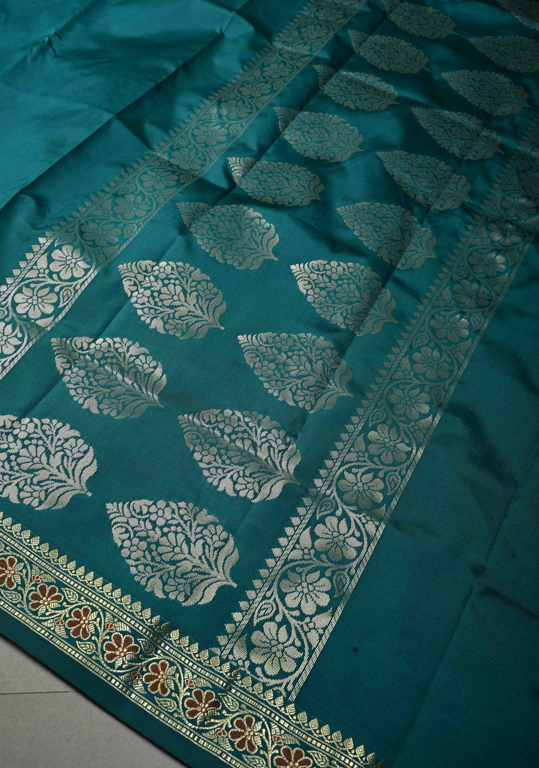 Teal Semi Silk Saree with Minimal Meenakari Floral Zari Border | SHOBITAM