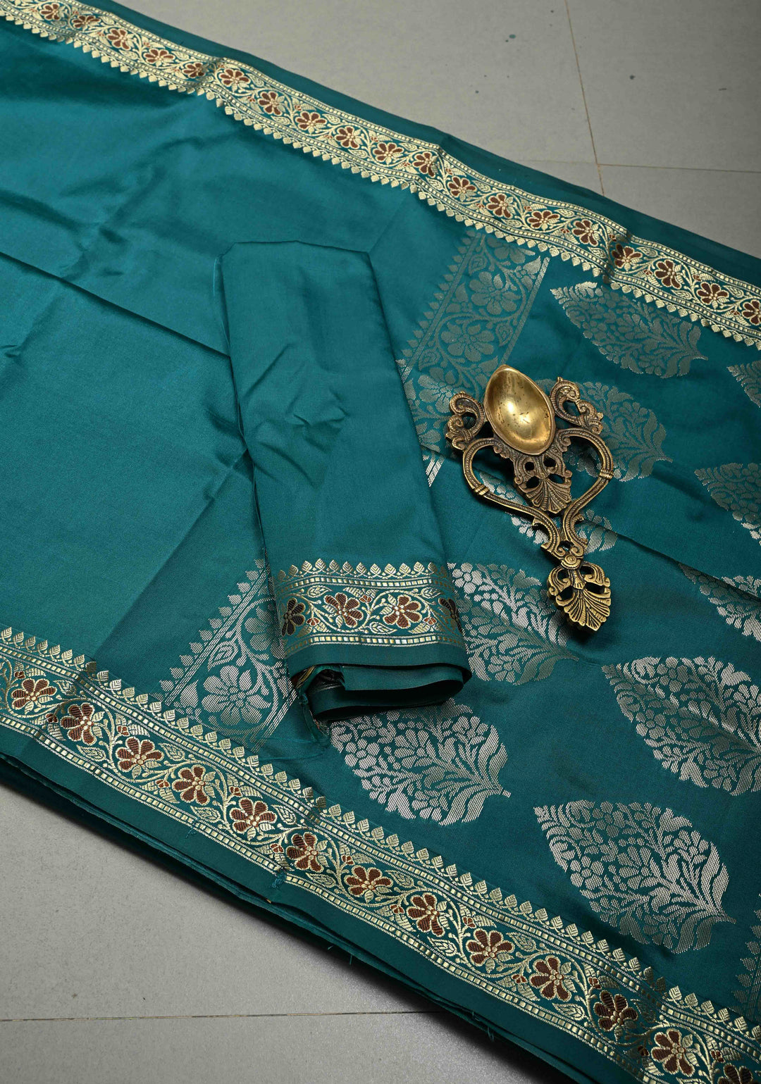 Teal Semi Silk Saree with Minimal Meenakari Floral Zari Border | SHOBITAM