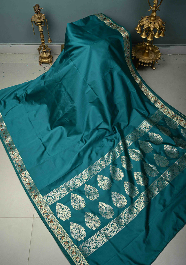 Teal Semi Silk Saree with Minimal Meenakari Floral Zari Border | SHOBITAM
