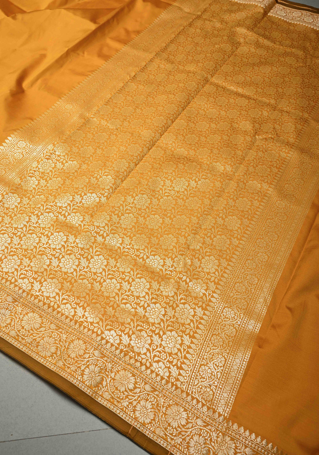 Mustard Yellow Semi Silk Saree with Minimal Floral Zari Border | SHOBITAM