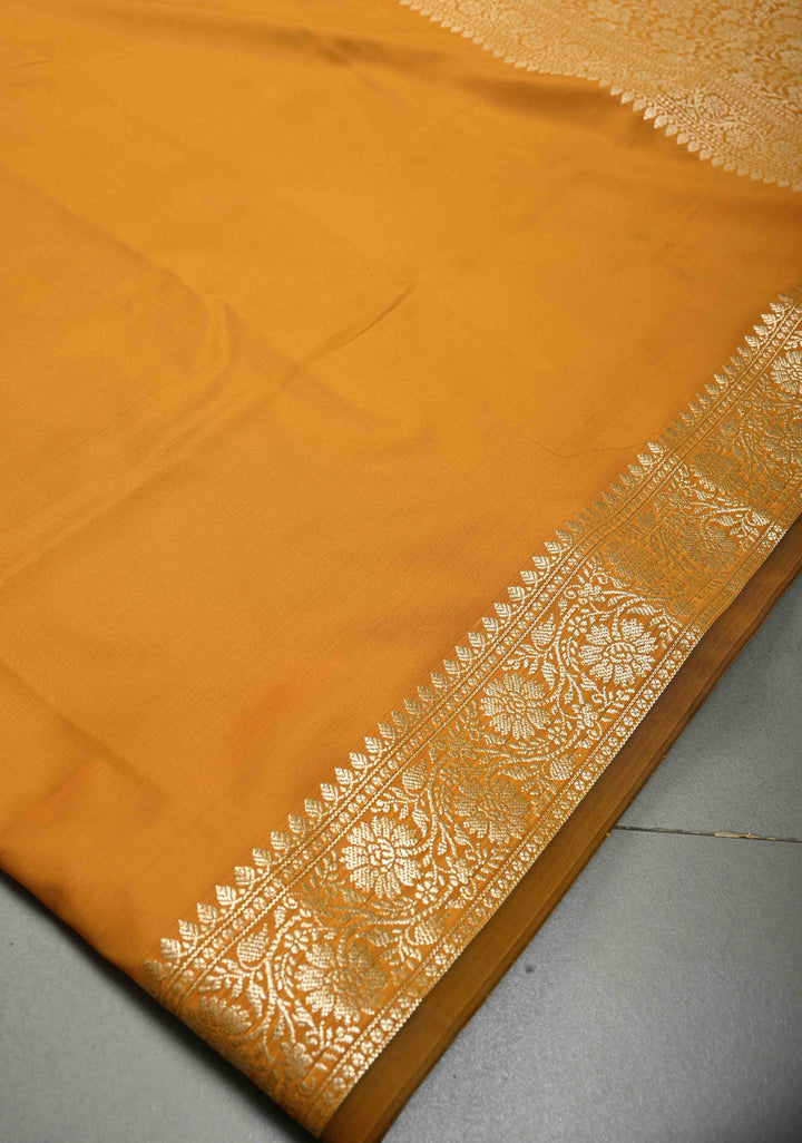 Mustard Yellow Semi Silk Saree with Minimal Floral Zari Border | SHOBITAM