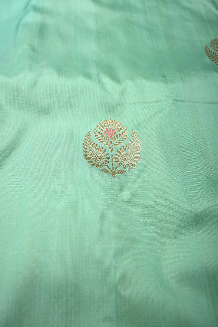 Mint Green Pure Banarasi Katan Silk Saree with Meenakari Floral Zari  Buttas and Contrast Zari Border | SILK MARK CERTIFIED | SHOBITAM