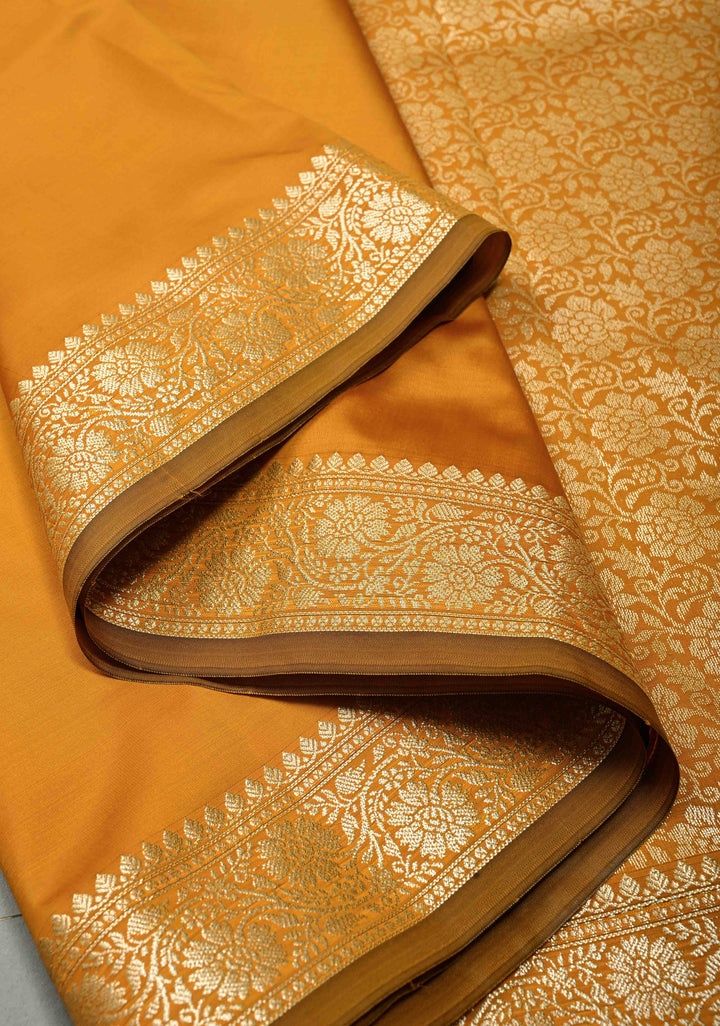 Mustard Yellow Semi Silk Saree with Minimal Floral Zari Border | SHOBITAM