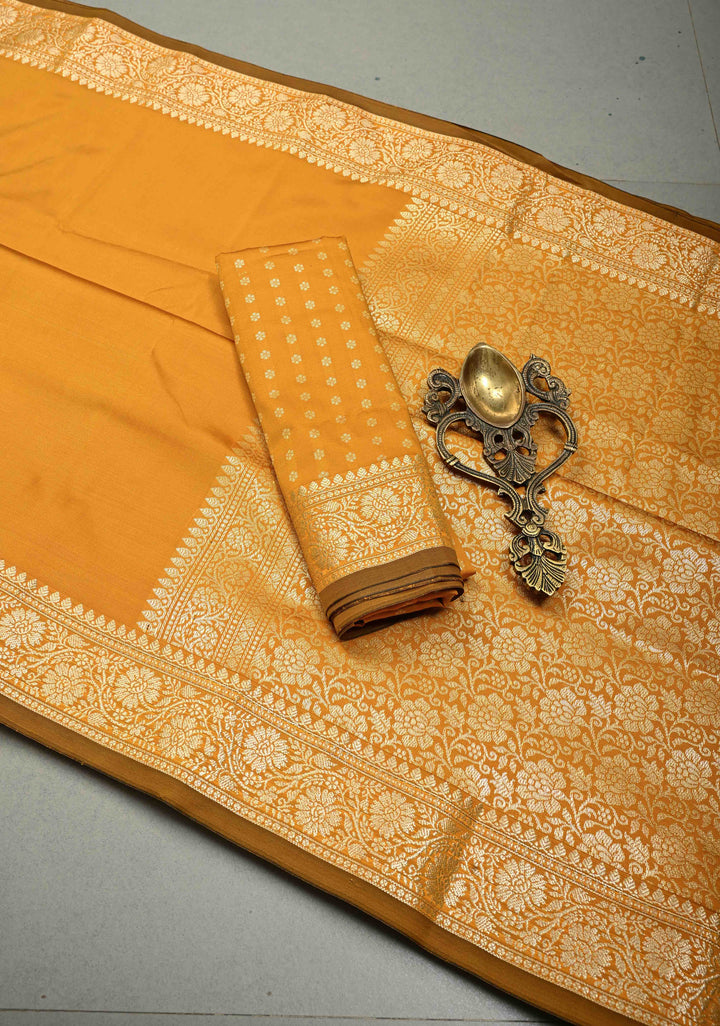 Mustard Yellow Semi Silk Saree with Minimal Floral Zari Border | SHOBITAM