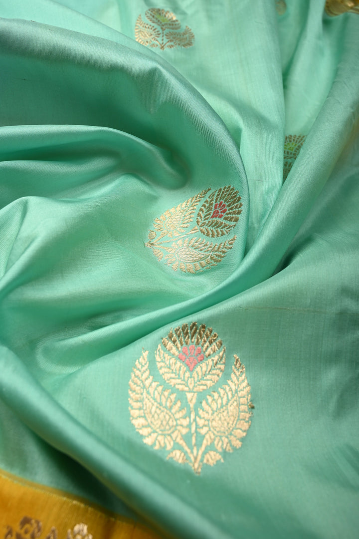 Mint Green Pure Banarasi Katan Silk Saree with Meenakari Floral Zari  Buttas and Contrast Zari Border | SILK MARK CERTIFIED | SHOBITAM