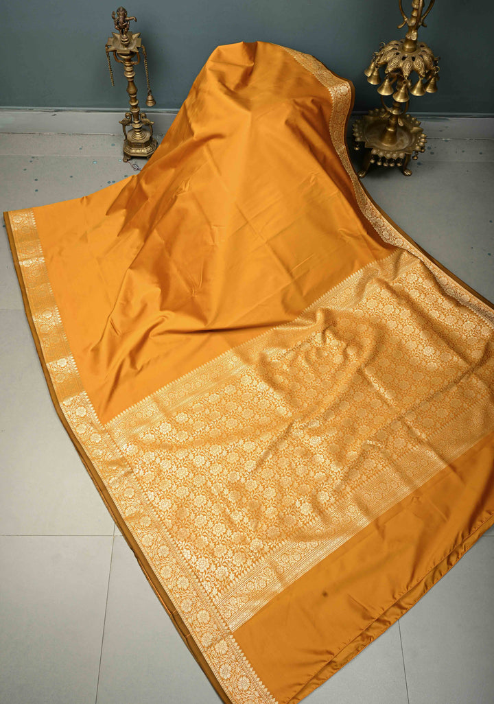 Mustard Yellow Semi Silk Saree with Minimal Floral Zari Border | SHOBITAM
