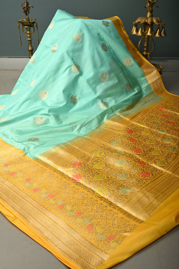 Mint Green Pure Banarasi Katan Silk Saree with Meenakari Floral Zari  Buttas and Contrast Zari Border | SILK MARK CERTIFIED | SHOBITAM