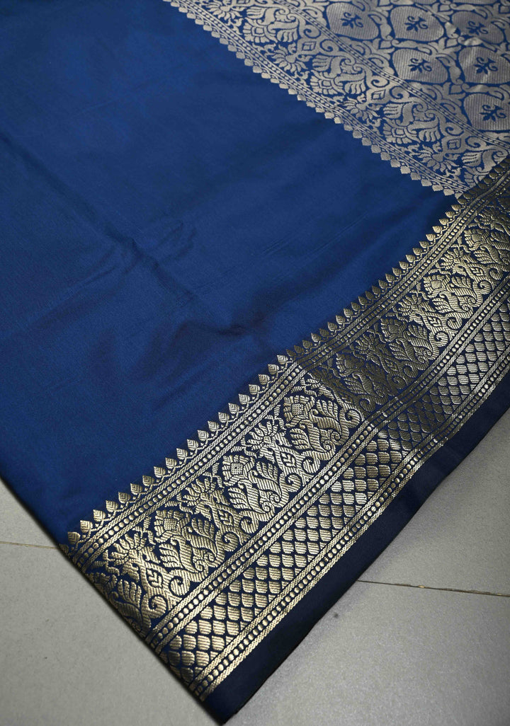 Navy Blue Semi Silk Saree with Zari Border | SHOBITAM