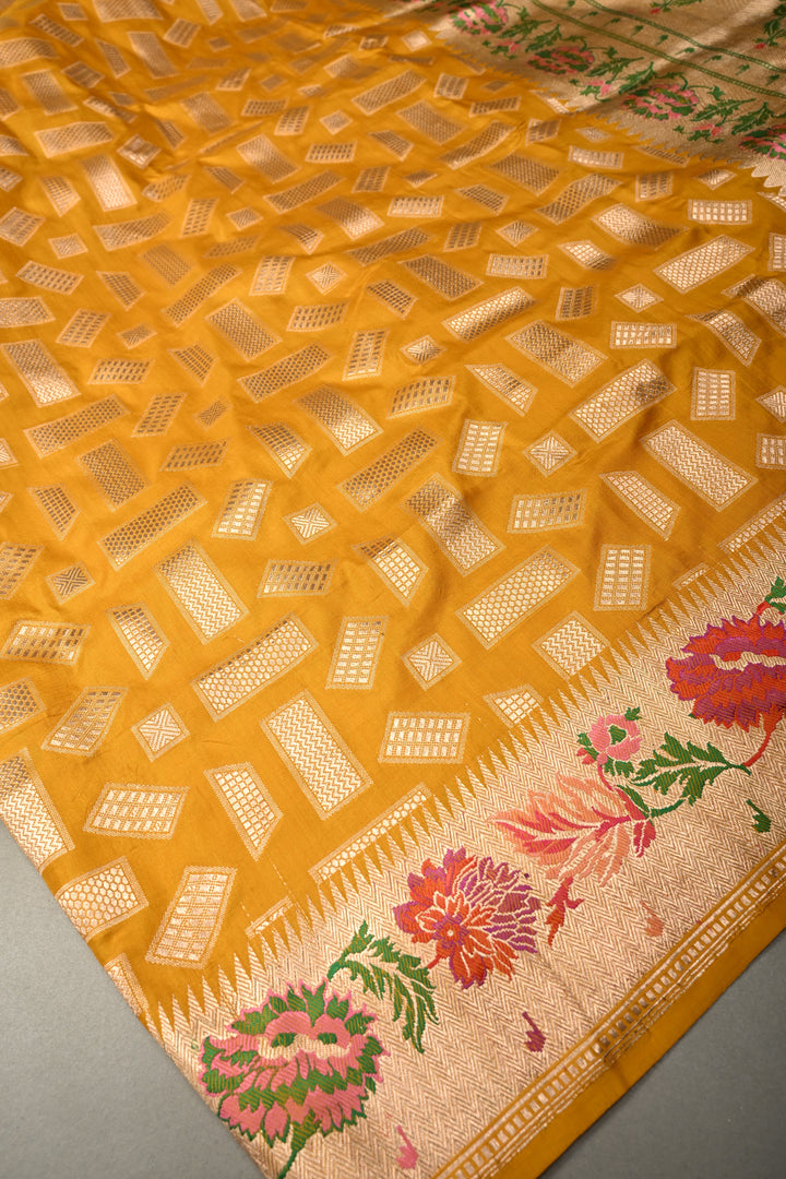 Mustard Yellow Pure Banarasi Katan Silk Saree with Zari Brocade and Meenakari Zari Border | SILK MARK CERTIFIED | SHOBITAM