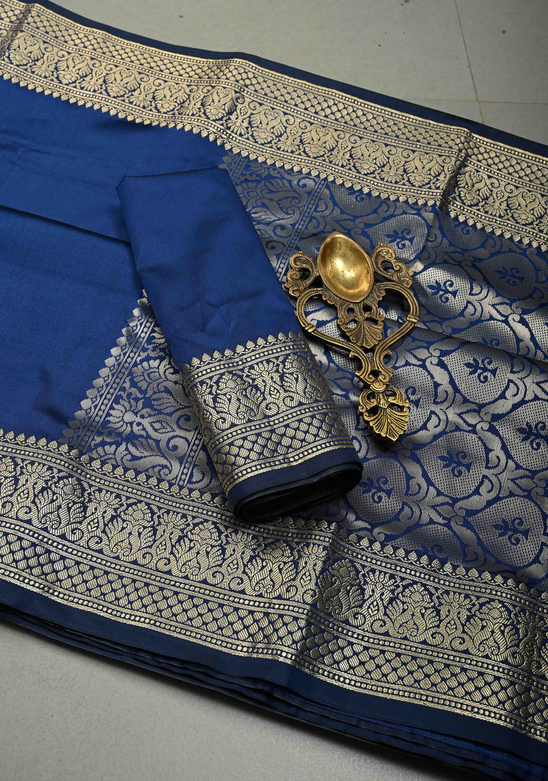 Navy Blue Semi Silk Saree with Zari Border | SHOBITAM