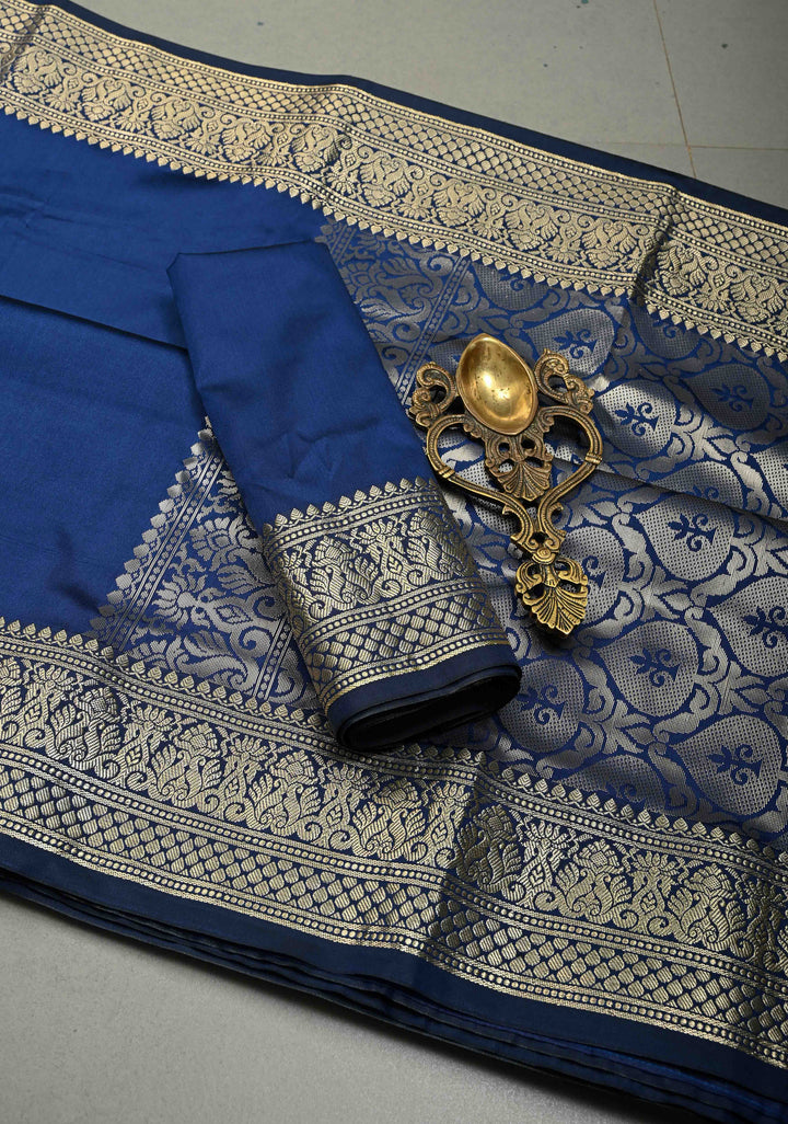 Navy Blue Semi Silk Saree with Zari Border | SHOBITAM