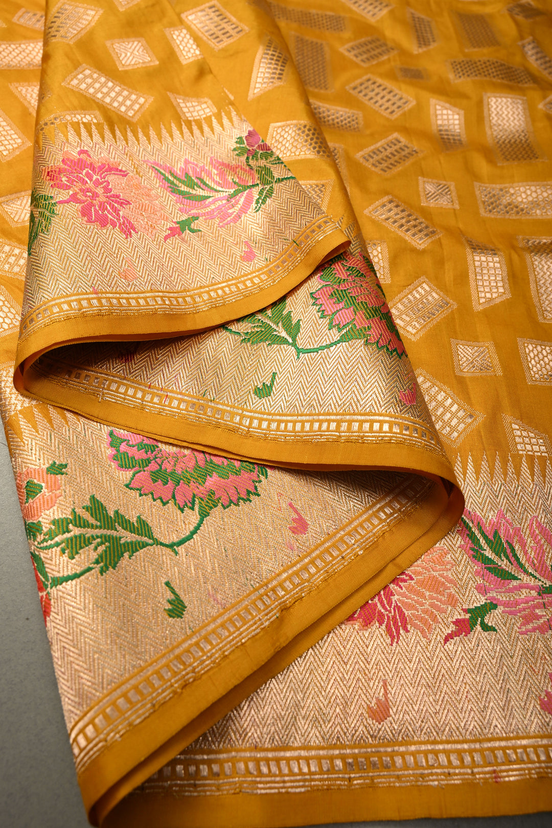 Mustard Yellow Pure Banarasi Katan Silk Saree with Zari Brocade and Meenakari Zari Border | SILK MARK CERTIFIED | SHOBITAM