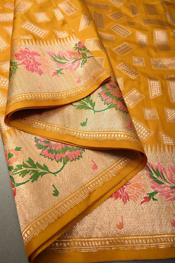 Mustard Yellow Pure Banarasi Katan Silk Saree with Zari Brocade and Meenakari Zari Border | SILK MARK CERTIFIED | SHOBITAM