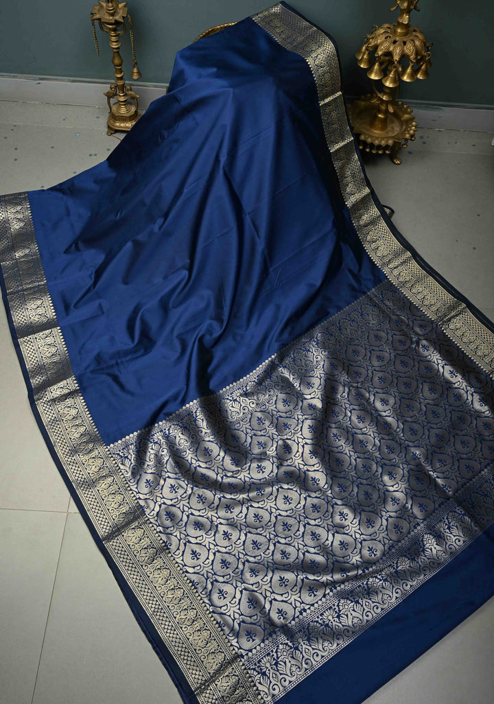 Navy Blue Semi Silk Saree with Zari Border | SHOBITAM
