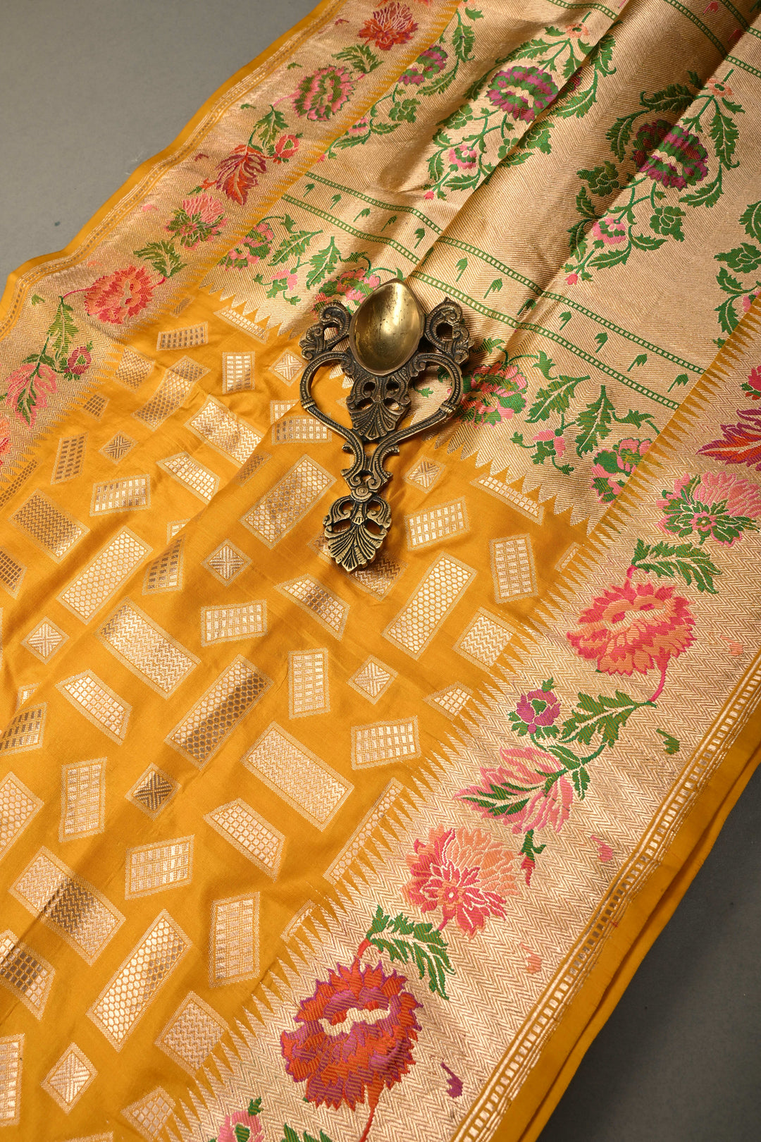 Mustard Yellow Pure Banarasi Katan Silk Saree with Zari Brocade and Meenakari Zari Border | SILK MARK CERTIFIED | SHOBITAM