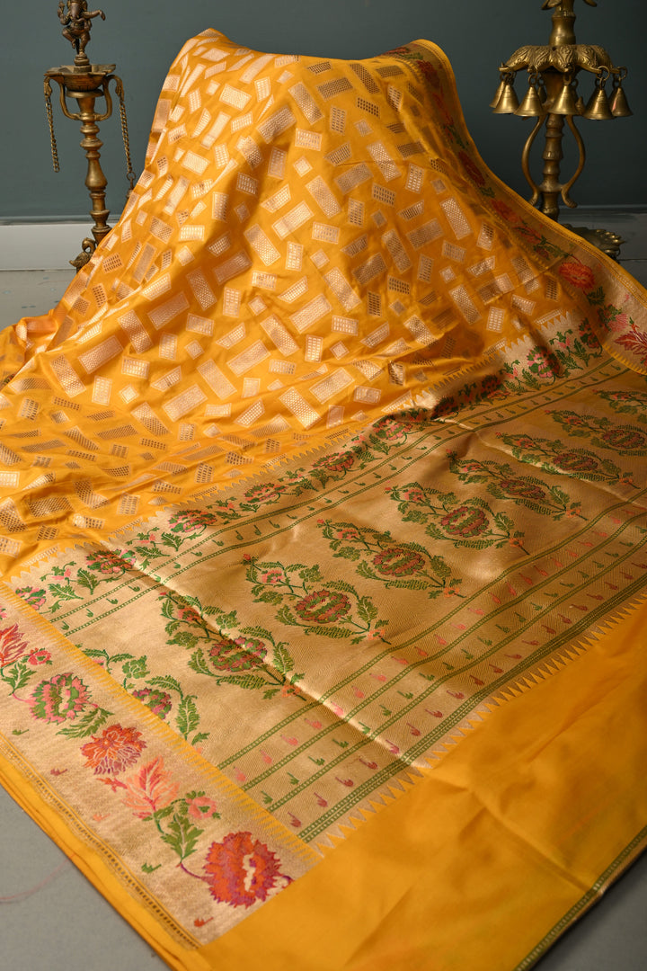Mustard Yellow Pure Banarasi Katan Silk Saree with Zari Brocade and Meenakari Zari Border | SILK MARK CERTIFIED | SHOBITAM