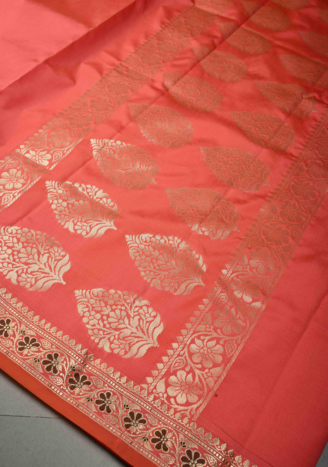 Neon Coral Semi Silk Saree with Meenakari Floral Minimal Zari Border | SHOBITAM