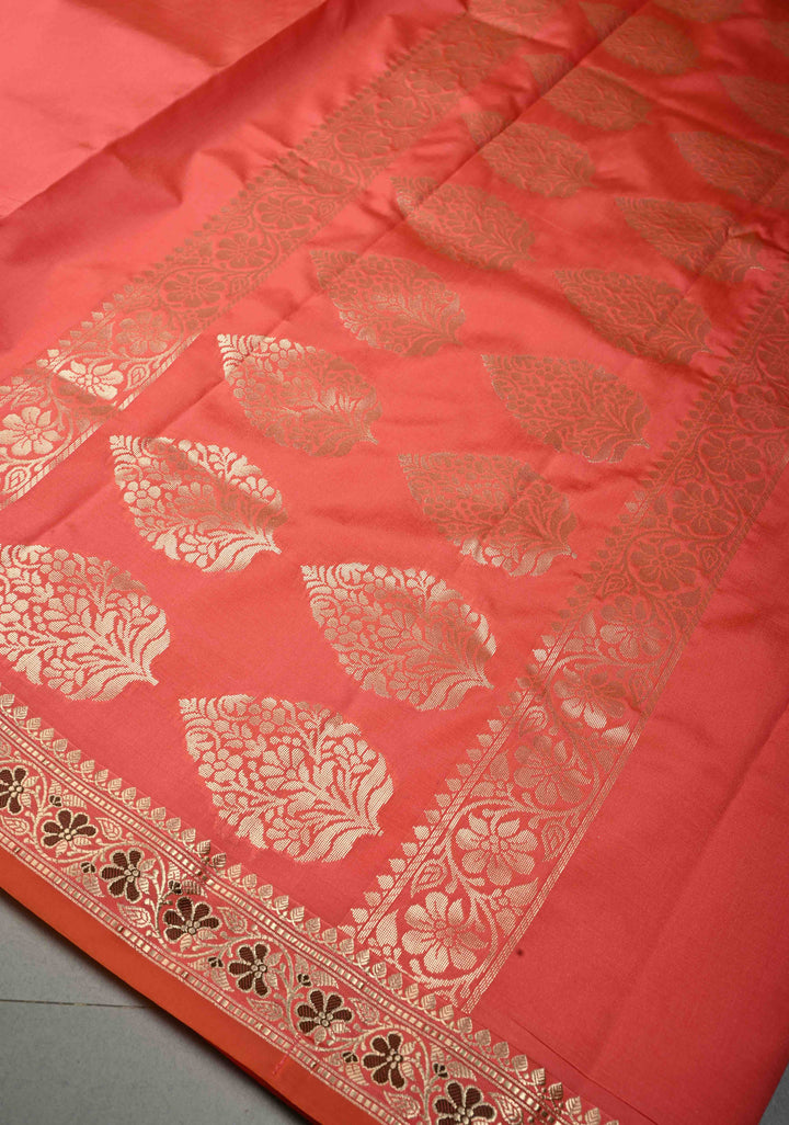Neon Coral Semi Silk Saree with Meenakari Floral Minimal Zari Border | SHOBITAM