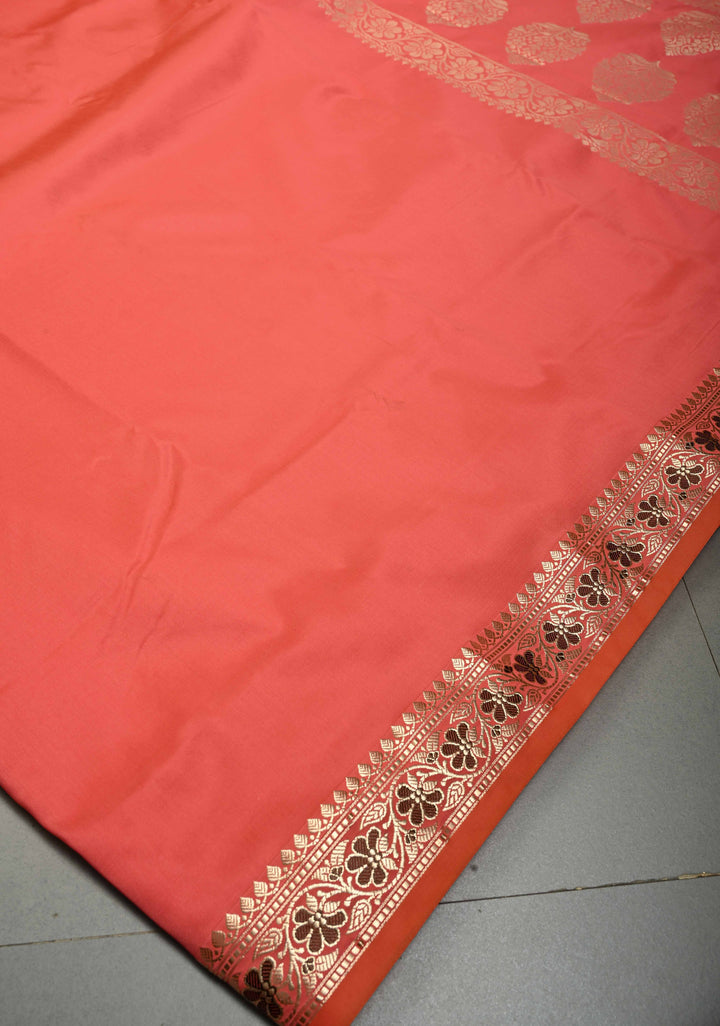 Neon Coral Semi Silk Saree with Meenakari Floral Minimal Zari Border | SHOBITAM