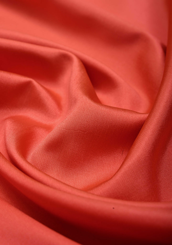 Neon Coral Semi Silk Saree with Meenakari Floral Minimal Zari Border | SHOBITAM