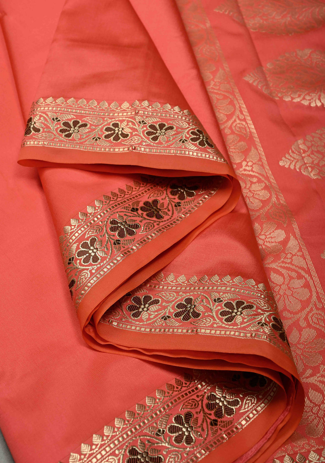 Neon Coral Semi Silk Saree with Meenakari Floral Minimal Zari Border | SHOBITAM