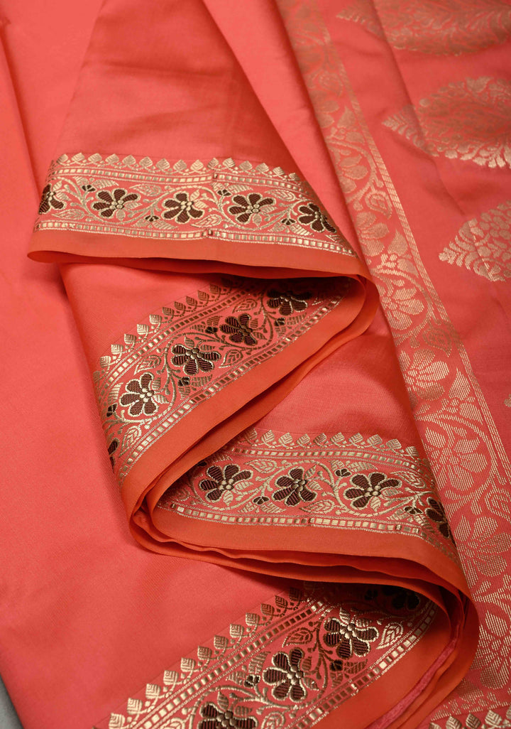 Neon Coral Semi Silk Saree with Meenakari Floral Minimal Zari Border | SHOBITAM