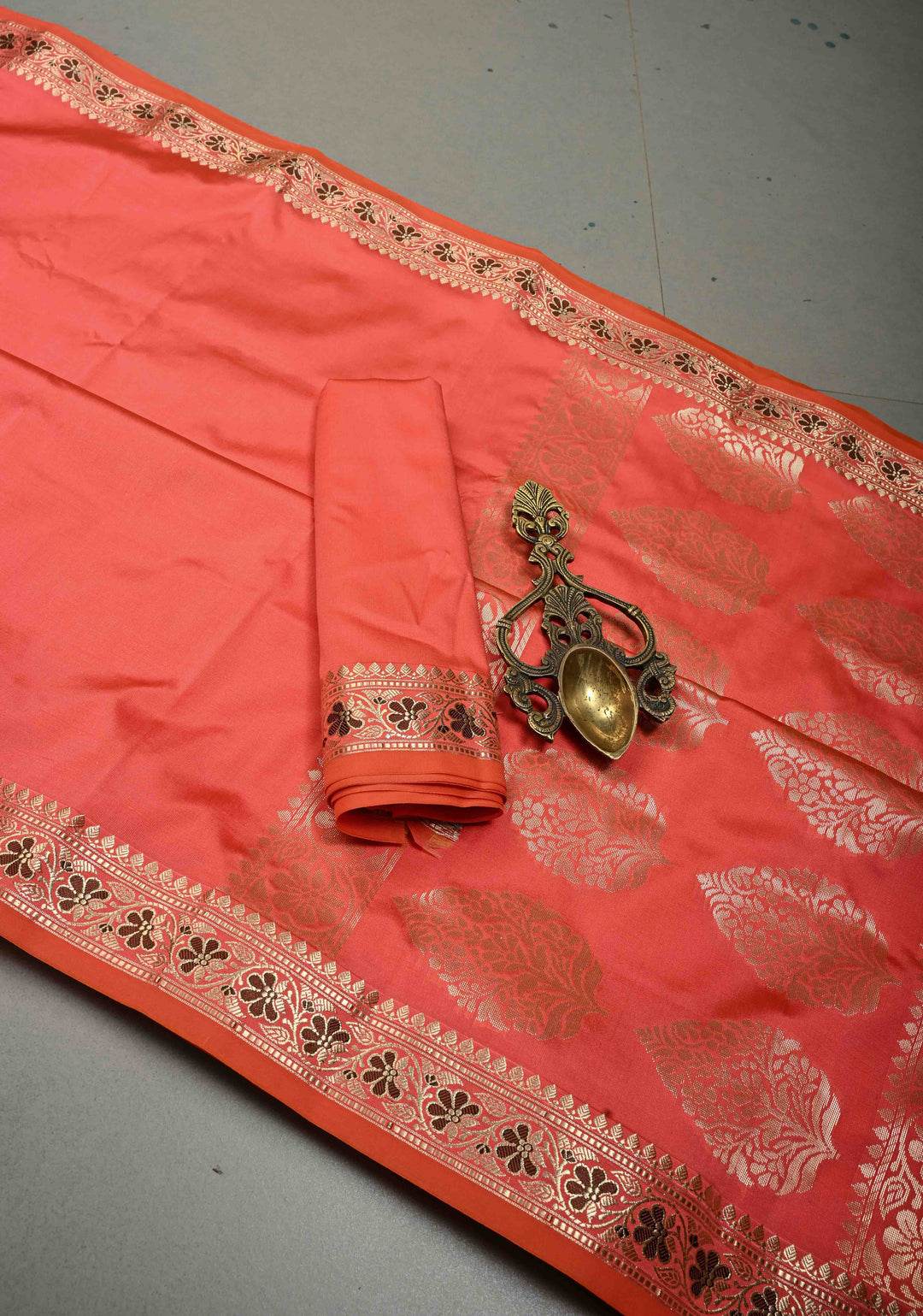 Neon Coral Semi Silk Saree with Meenakari Floral Minimal Zari Border | SHOBITAM