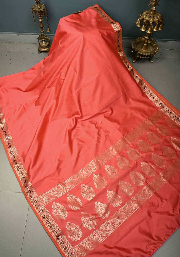 Neon Coral Semi Silk Saree with Meenakari Floral Minimal Zari Border | SHOBITAM