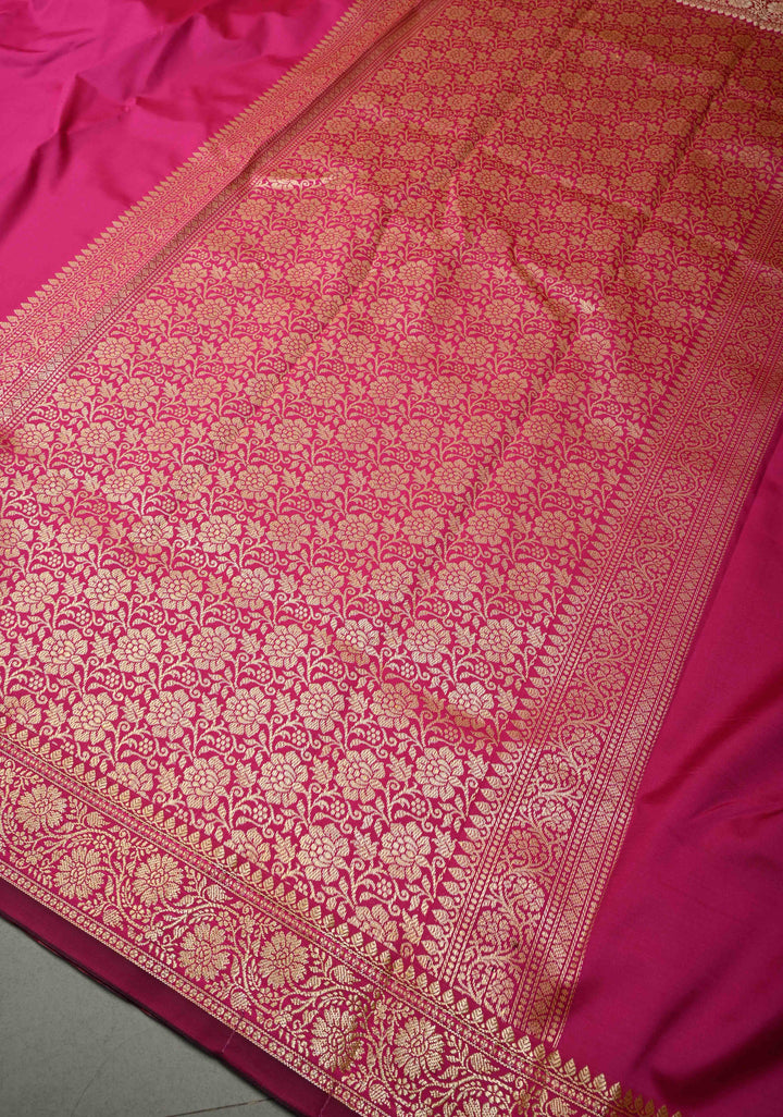 Rani Pink Semi Silk Saree with Minimal Floral Zari Border | SHOBITAM