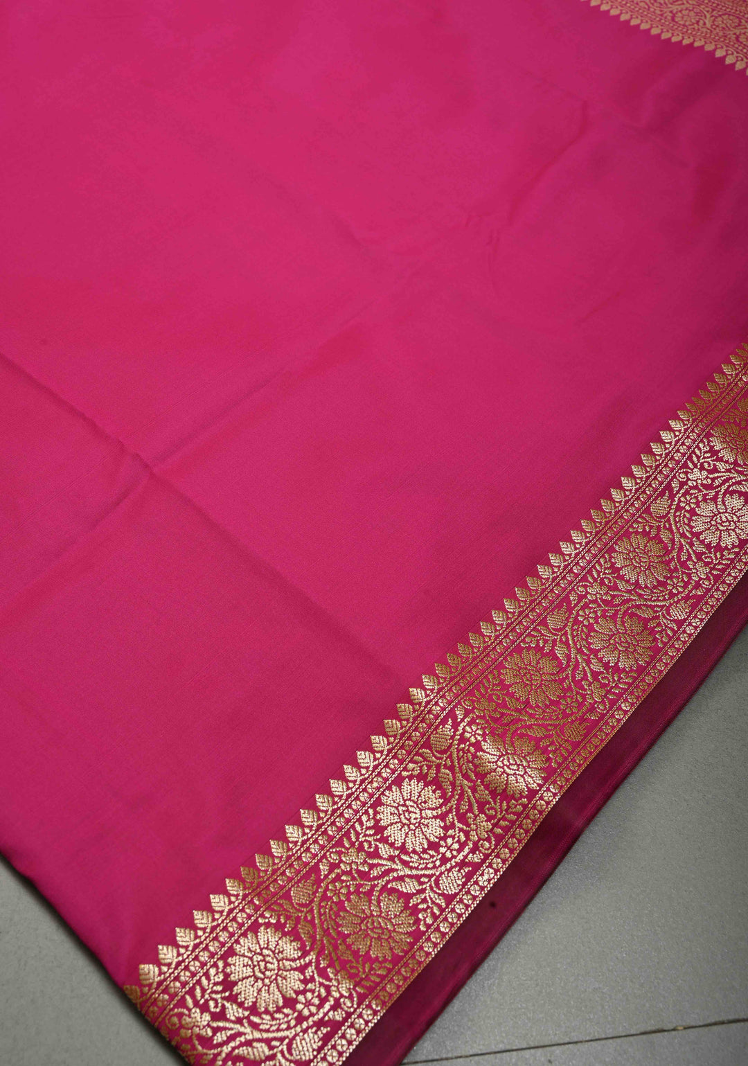 Rani Pink Semi Silk Saree with Minimal Floral Zari Border | SHOBITAM